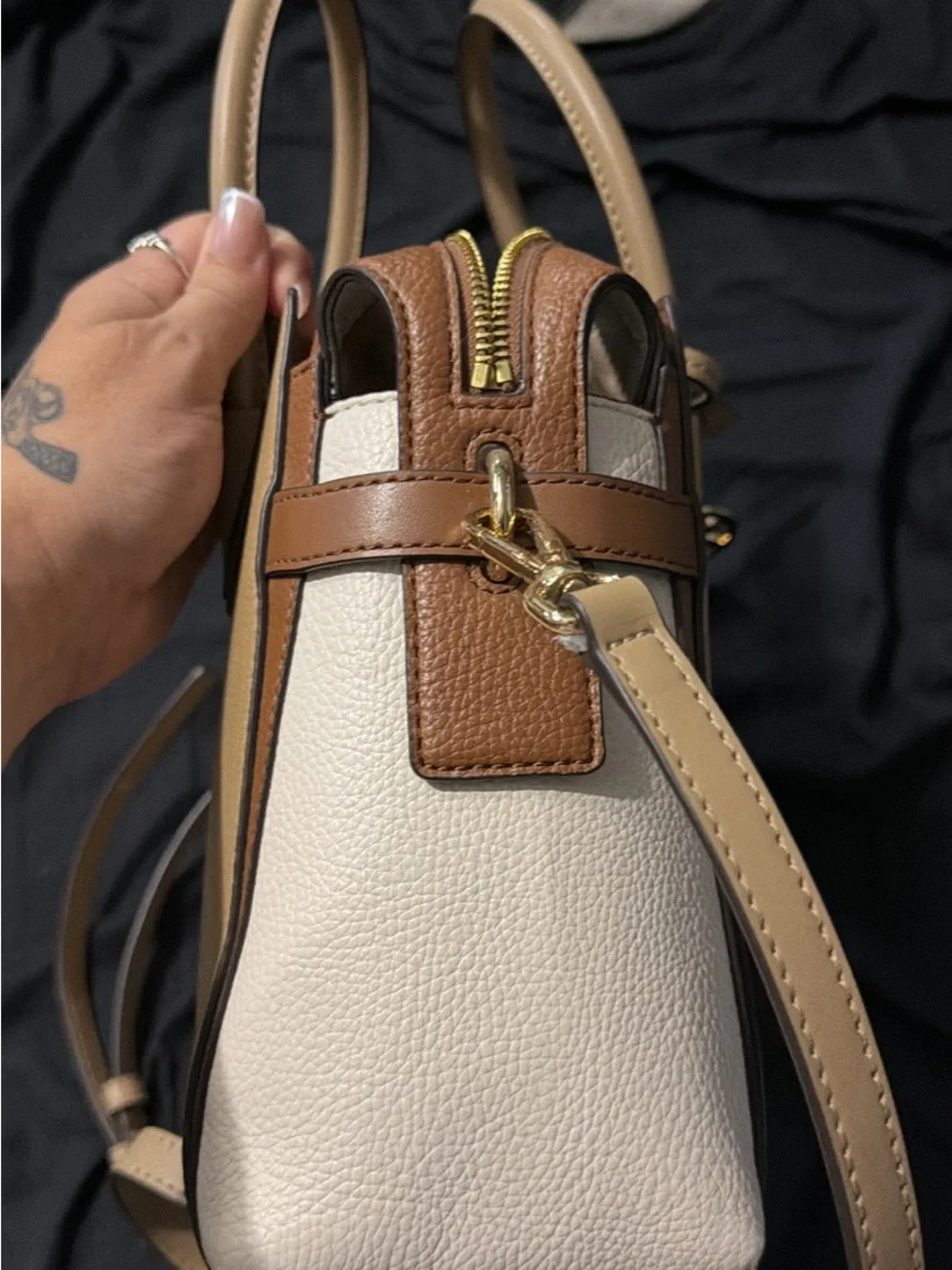 Michael Kors Beige, Brown & White Leather Satchel with Gold Logo Charm